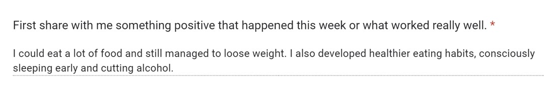 A weekly check-in question and a client answer